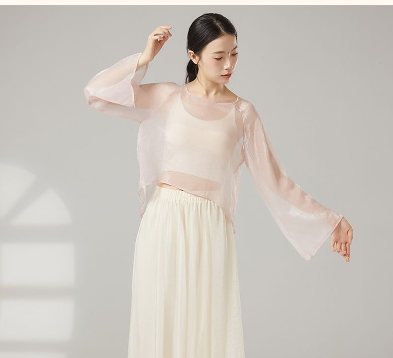 Sheer Boat-Neck Long-Sleeved Dance Top