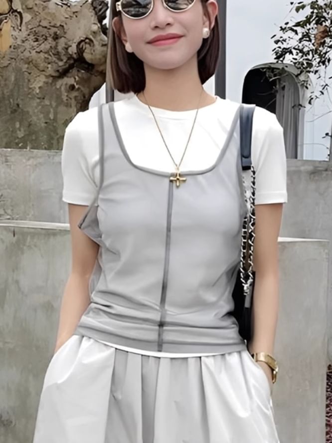 Mesh Overlay Top with Round Neck, Short Sleeved, Mock Two Piece