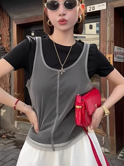 Mesh Overlay Top with Round Neck, Short Sleeved, Mock Two Piece