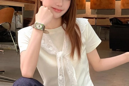 Solid Tee with Round Neck, Short Sleeved, Scarf Set