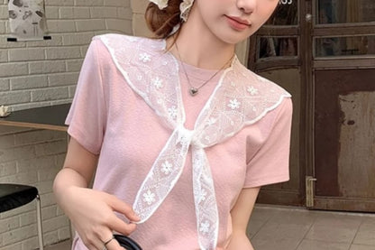Solid Tee with Round Neck, Short Sleeved, Scarf Set