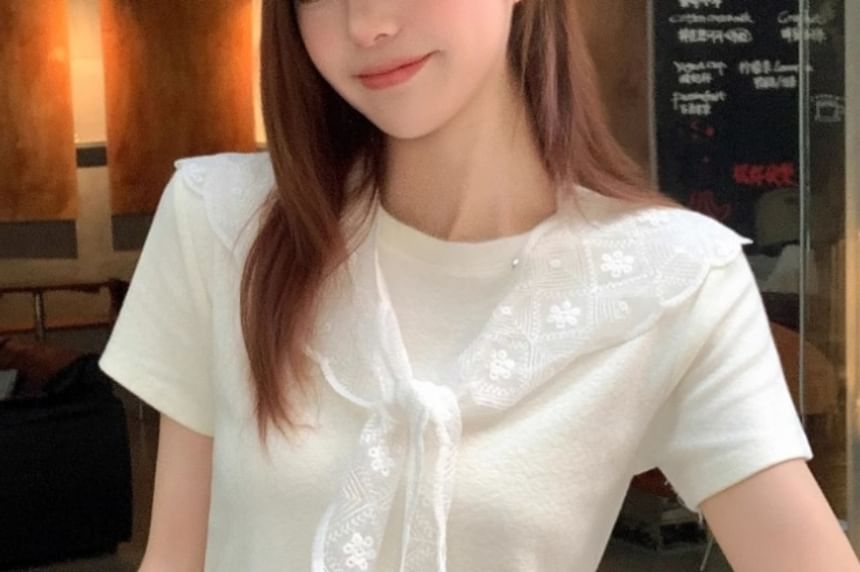 Solid Tee with Round Neck, Short Sleeved, Scarf Set