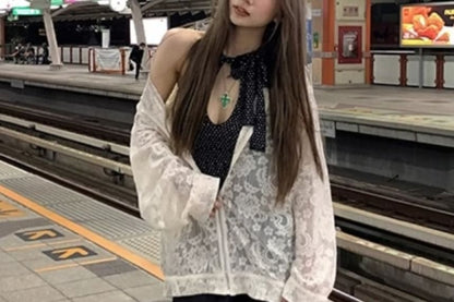 Lace Zip Jacket with Hood, Solid Color, Long Sleeved