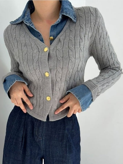Denim Collar Mock Two-Piece Cardigan