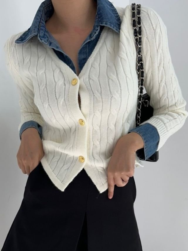 Denim Collar Mock Two-Piece Cardigan