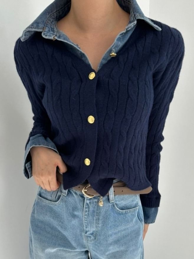 Denim Collar Mock Two-Piece Cardigan