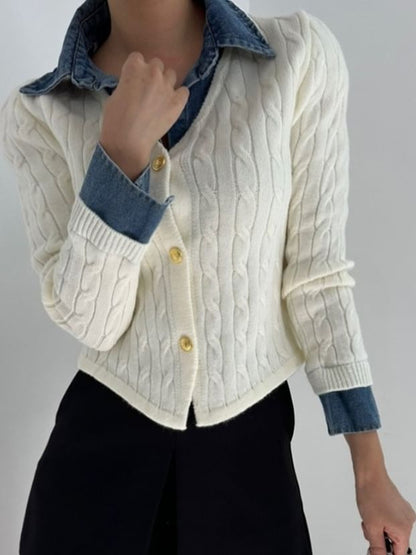 Denim Collar Mock Two-Piece Cardigan