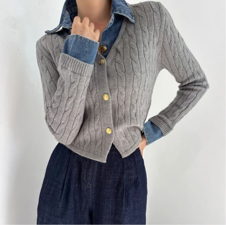 Denim Collar Mock Two-Piece Cardigan
