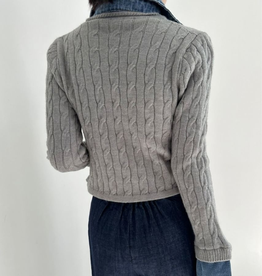 Denim Collar Mock Two-Piece Cardigan