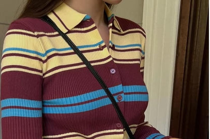 Striped Collared Cropped Cardigan