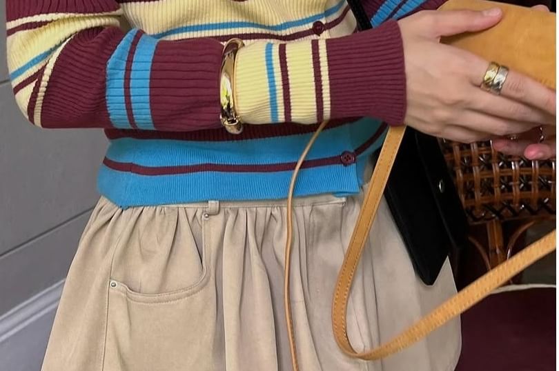 Striped Collared Cropped Cardigan