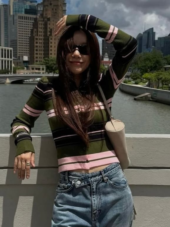 Striped Collared Cropped Cardigan