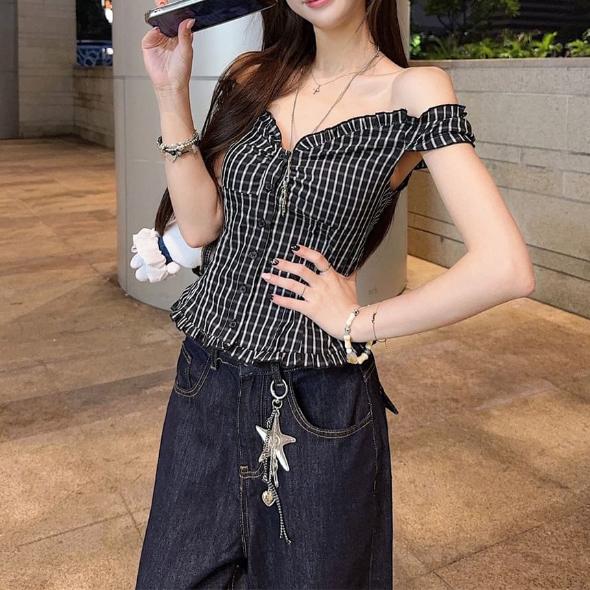 Plaid Off-Shoulder Cropped Top