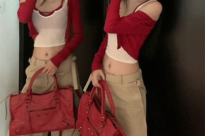 Scoop Neck Crop Tank and Bra Top with Cardigan Set