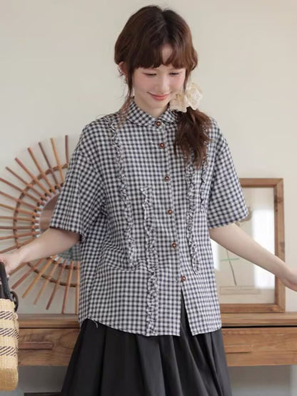 Plaid Frilled Short-Sleeved Shirt