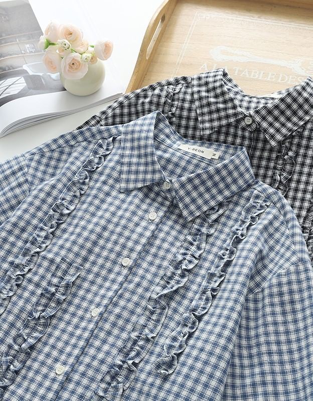 Plaid Frilled Short-Sleeved Shirt