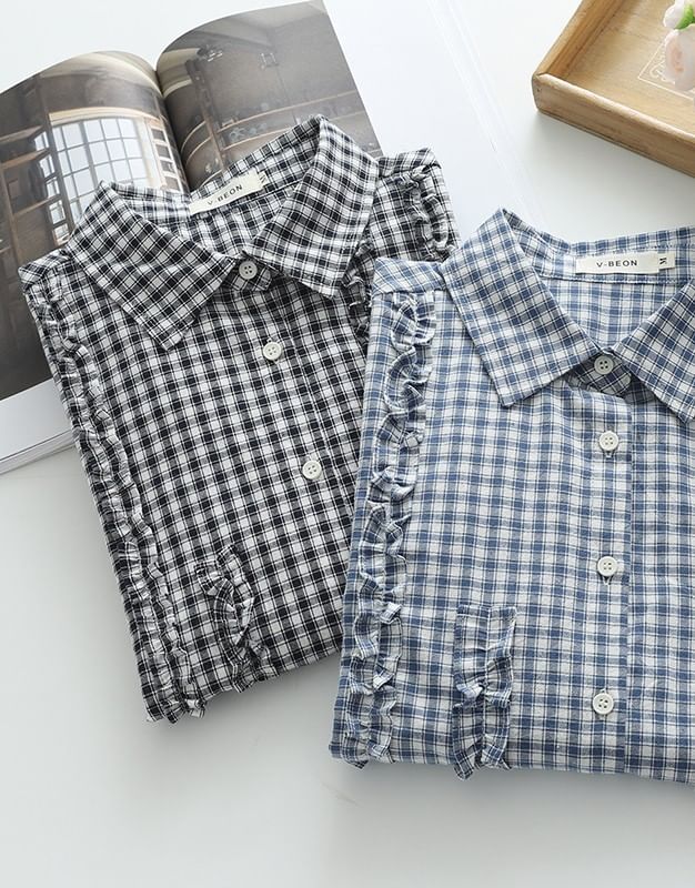Plaid Frilled Short-Sleeved Shirt