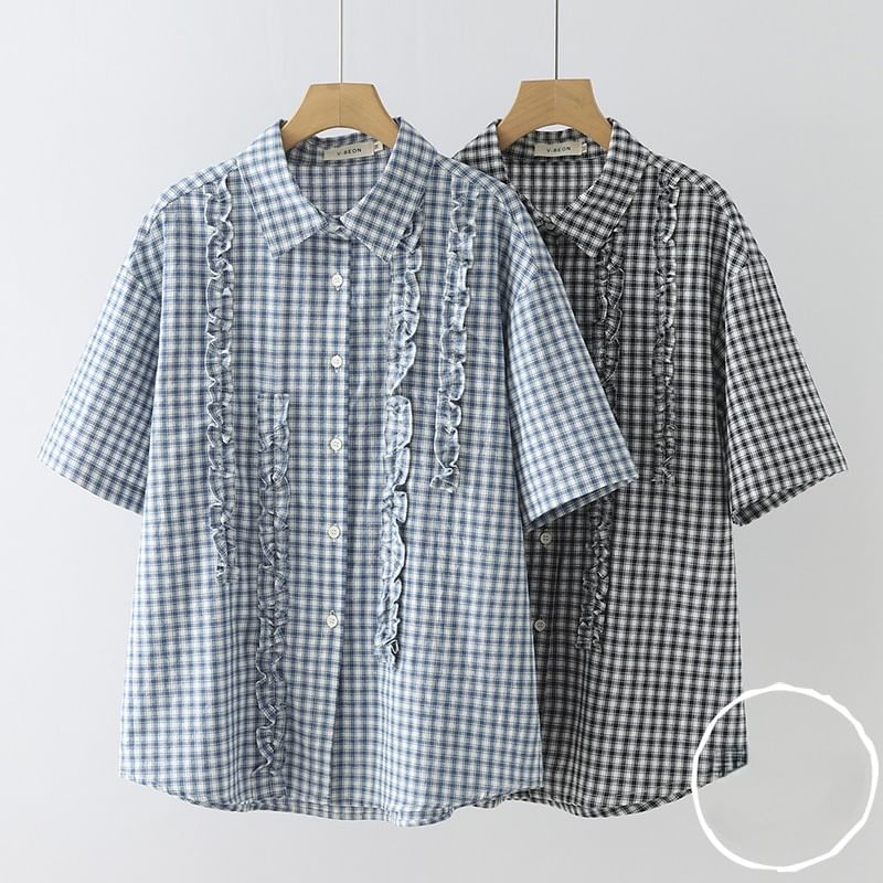 Plaid Frilled Short-Sleeved Shirt
