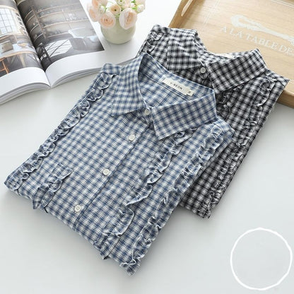 Plaid Frilled Short-Sleeved Shirt