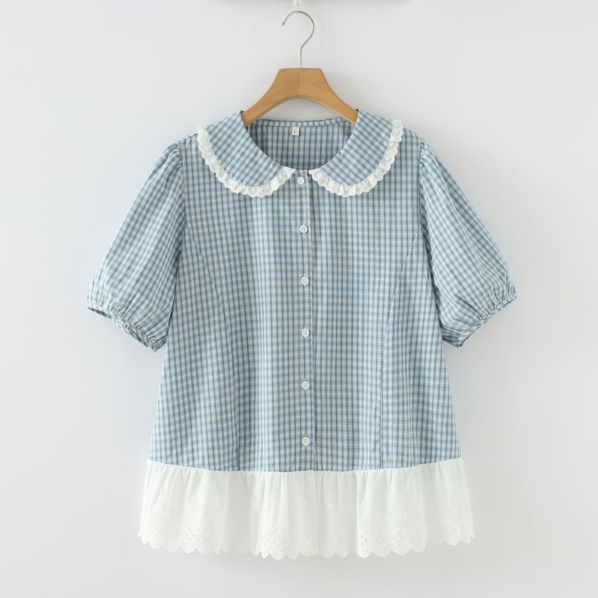 Plaid Peter Pan Collar Short-Sleeved Shirt