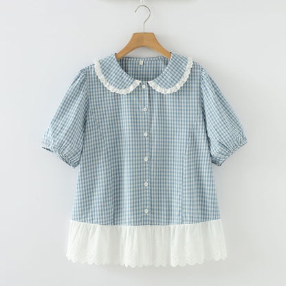 Plaid Peter Pan Collar Short-Sleeved Shirt