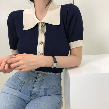 Contrast-Trim Collared Short-Sleeved Tee