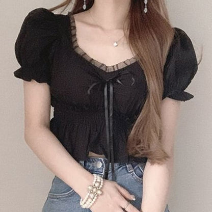 Plain Ruffled Peplum Puff-Sleeved V-Neck Cropped Blouse