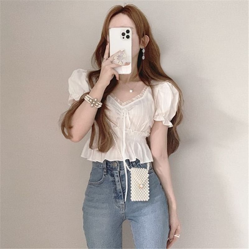 Plain Ruffled Peplum Puff-Sleeved V-Neck Cropped Blouse