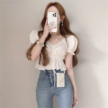 Plain Ruffled Peplum Puff-Sleeved V-Neck Cropped Blouse