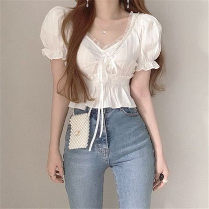 Plain Ruffled Peplum Puff-Sleeved V-Neck Cropped Blouse
