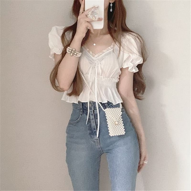 Plain Ruffled Peplum Puff-Sleeved V-Neck Cropped Blouse