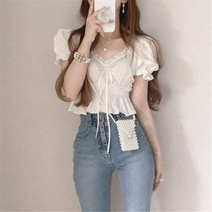 Plain Ruffled Peplum Puff-Sleeved V-Neck Cropped Blouse