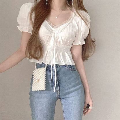 Plain Ruffled Peplum Puff-Sleeved V-Neck Cropped Blouse
