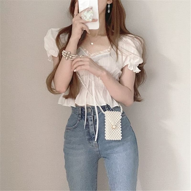 Plain Ruffled Peplum Puff-Sleeved V-Neck Cropped Blouse