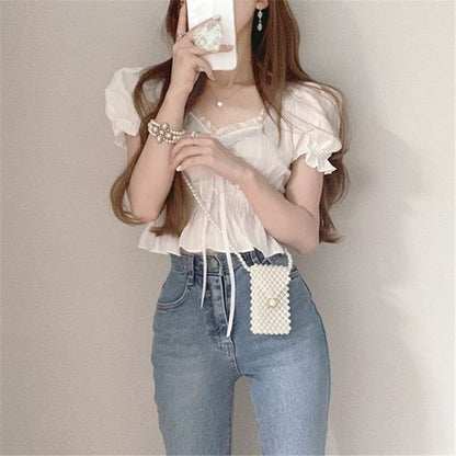 Plain Ruffled Peplum Puff-Sleeved V-Neck Cropped Blouse