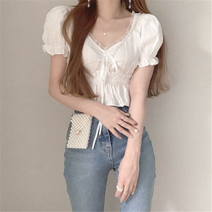 Plain Ruffled Peplum Puff-Sleeved V-Neck Cropped Blouse