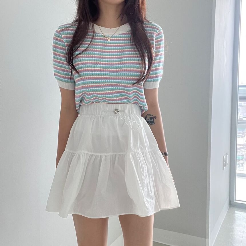 Striped Scallop-Trim Round-Neck Short-Sleeved Tee