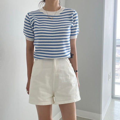 Striped Scallop-Trim Round-Neck Short-Sleeved Tee