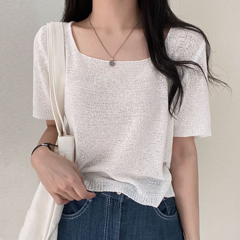 Plain Knitted Square-Neck Short-Sleeved Top
