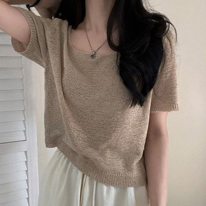 Plain Knitted Square-Neck Short-Sleeved Top