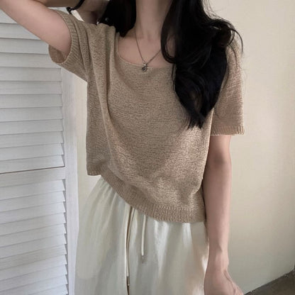 Plain Knitted Square-Neck Short-Sleeved Top