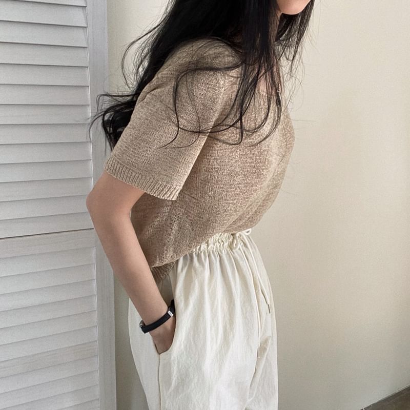 Plain Knitted Square-Neck Short-Sleeved Top