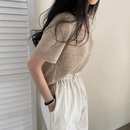 Plain Knitted Square-Neck Short-Sleeved Top