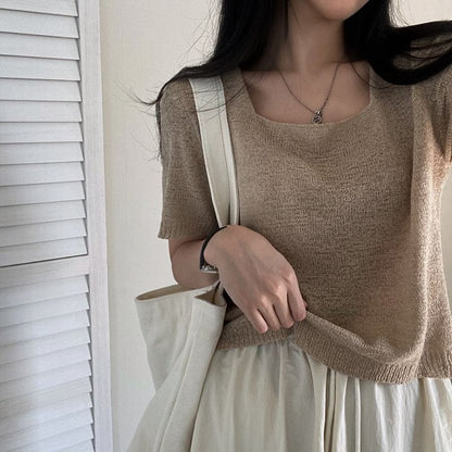 Plain Knitted Square-Neck Short-Sleeved Top