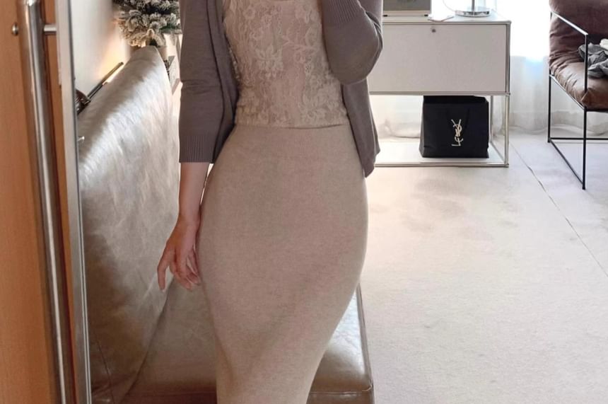 High-Waisted Pencil Skirt with Cardigan and Cami Top Set