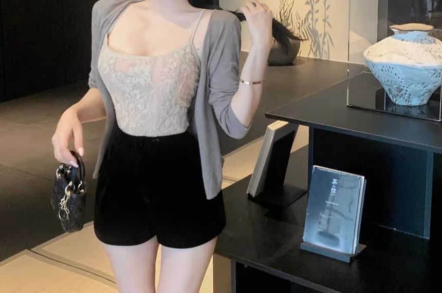 Cardigan, Crop Cami, and Shorts Set