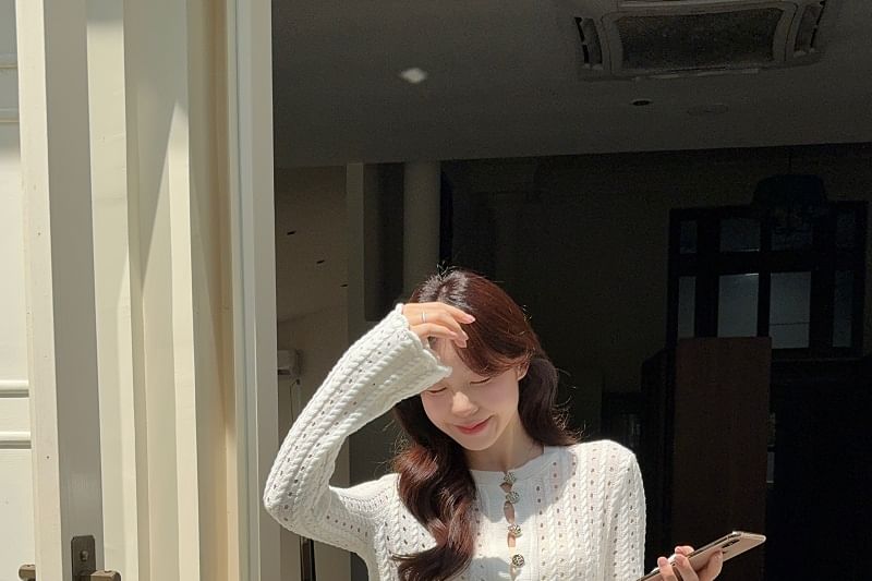Pointelle Henley Round-Neck Sweater & High-Waisted Mini Skirt