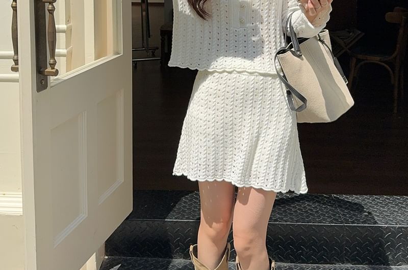 Pointelle Henley Round-Neck Sweater & High-Waisted Mini Skirt
