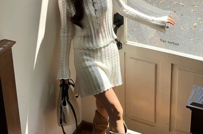 Pointelle Henley Round-Neck Sweater & High-Waisted Mini Skirt