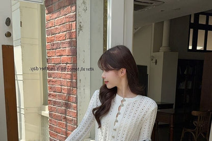Pointelle Henley Round-Neck Sweater & High-Waisted Mini Skirt
